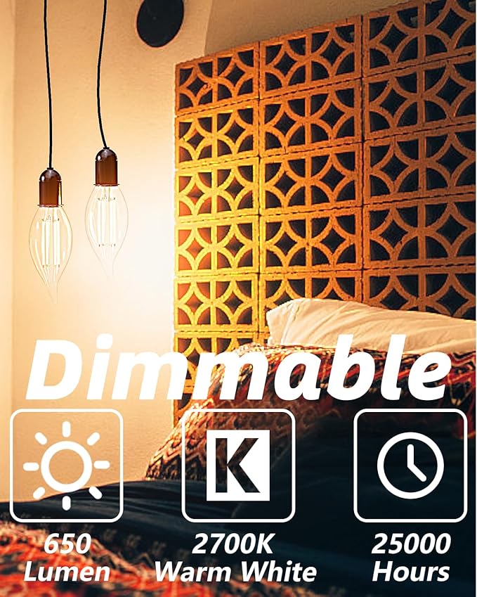 CYLYT Dimmable E12 Candelabra LED Light Bulbs 60 watt Equivalent, 2700K Warm White Chandelier Candle Bulb, 6W 650 Lumen Decorative Flame Tip Clear Bulbs, 12-Pack