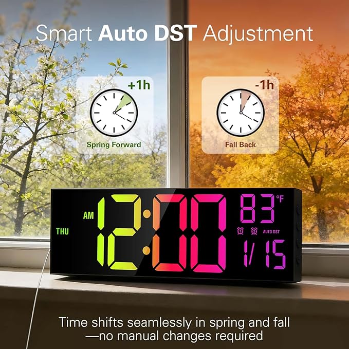 JALL 16.15 inch Large Digital Wall Clock, RGB Lights with Remote Control, Dual Alarms with Big LED Display, Auto DST, C° / F° Temperature for Classroom, Birthday Gift, Senior