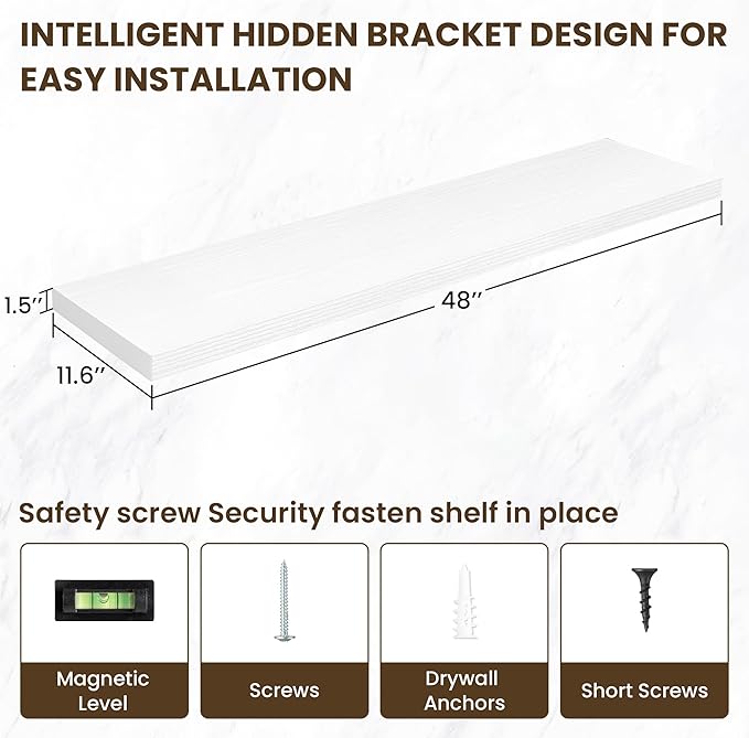 Acovy 48 Inch Floating Shelves, 12 Inch Deep Floating Shelves for Wall, Floating Shelf with Invisible Brackets, Deep Wall Shelves for Bathroom, Bedroom, Living Room, 1 Pack, White
