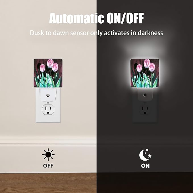 Pink Tulips on Dark Night Light, Dusk to Dawn Smart Sensor Nightlight for Bedroom Bathroom Kitchen Hallway Stairs Hallway, Plug-in, Energy Efficient Decor Desk Lamp Gifts