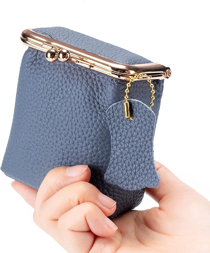 Genuine Leather Mini Jewelry Box for Women, Square Coin Purse with Kiss Lock, Makeup Cosmetic Bag Organizer Travel Case (Large, Pink)