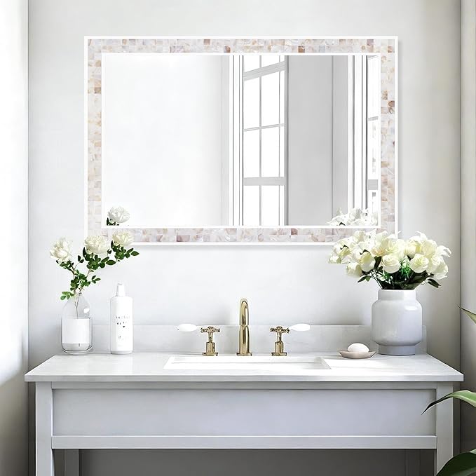 Tanmicoshomy Brown Shell Framed Rectangular Wall Mirrors for Bathroom, 30x36 Inch Mosaic Mirror for Bedroom Living Room or Entryway, Wall Mounted Horizontal or Vertical Hanging
