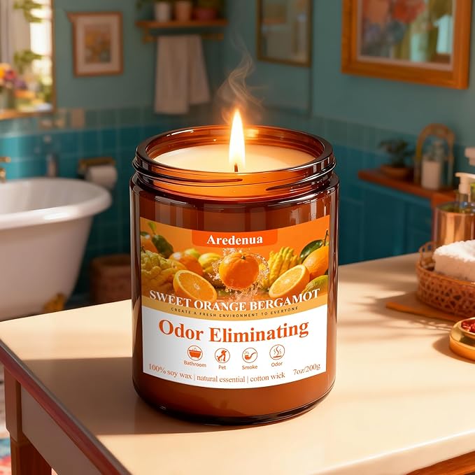 Sweet Orange Bergamot Odor Eliminating Candle | Eliminates 95% of Pet, Smoke & Bathroom Odors | 7oz Hand Poured Non-Toxic Soy Candle | Air Freshening Scented Candle for Positive & Relaxation