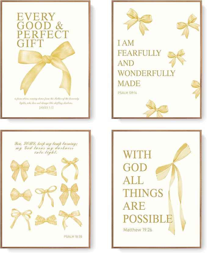 LARTSFRO Coquette Yellow Bow Wall Art Decor Posters, Butter Yellow Bow Room Bedroom Bathroom Dorm Wall Art Decor Aesthetic for College Teen Girls Gifts, Inspirational Bible Verses Bow Wall Decor, 12x16 Inch Set of 4 Pcs Bow Pictures (UNFRAMED)