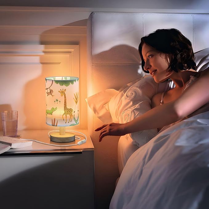 Table Lamp African Animal Giraffe Crocodile Monkey Palm Tree Jungle Leaf Nightstand Lamp with Wood Base Fabric Lamp Shade Bedside Desk Lamp for Living Room Bedroom Kids Room Office