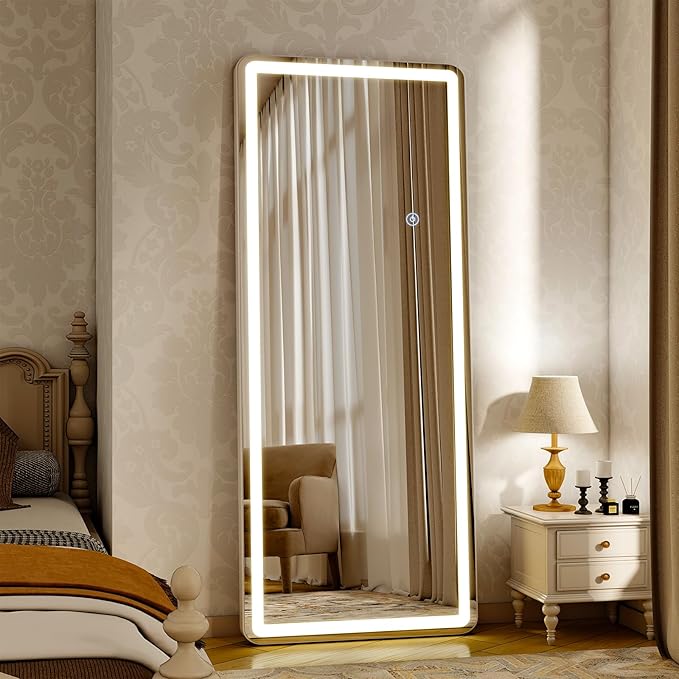 56"x21" LED Full Length Mirror – Standing Floor Body Mirror with Dimmable Lights 3 Color Modes – Adjustable Brightness, Wall-Mount or Leaning for Barber, Fitness Center, Dressing Room