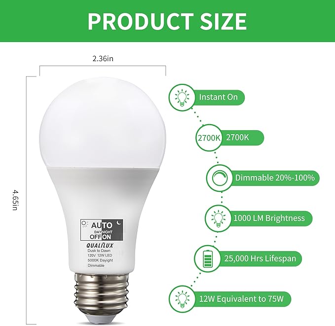 Qualilux Dusk to Dawn Light Bulbs, Auto On/Off Light Sensing LED Bulbs Outdoor, Daylight, Dimmable, 12W 1000LM 75W Equivalent, HQ-H029