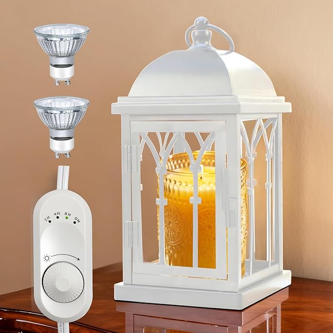 Candle Warmer Lamp with Timer,Dimmable Large Electric Lantern Candle Warmer for Jar Candles,Vintage Enclosed Candle Lamp Warmer for Children Pet Family-White