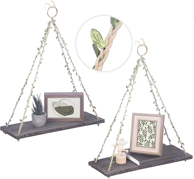 MITIME Hanging Shelves for Indoor Wall and Window - Floating Wall Shelves for Plant Display, Boho Style Home Decor.(Leaf Rope, Retro Color,Large*2)