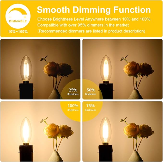 24-Pack Dimmable E12 LED Candelabra Bulbs 60W Equivalent, 2700K Soft Warm White, 600 Lumens B11 Candle Base 6W C35 LED Filament Vintage Light Bulbs, Clear Glass for Chandelier Ceiling Fan High CRI 90+
