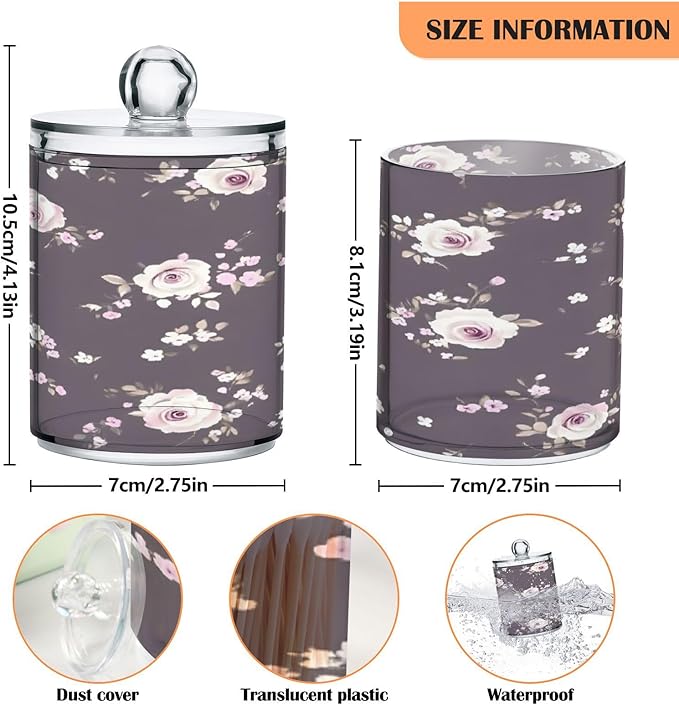 Nander 2Pack Retro Purple Rose Qtip Holder Dispenser -Clear Plastic Apothecary Jars Set - Restroom Bathroom Makeup Organizers Containers for Cotton Swab, Ball, Pads, Floss