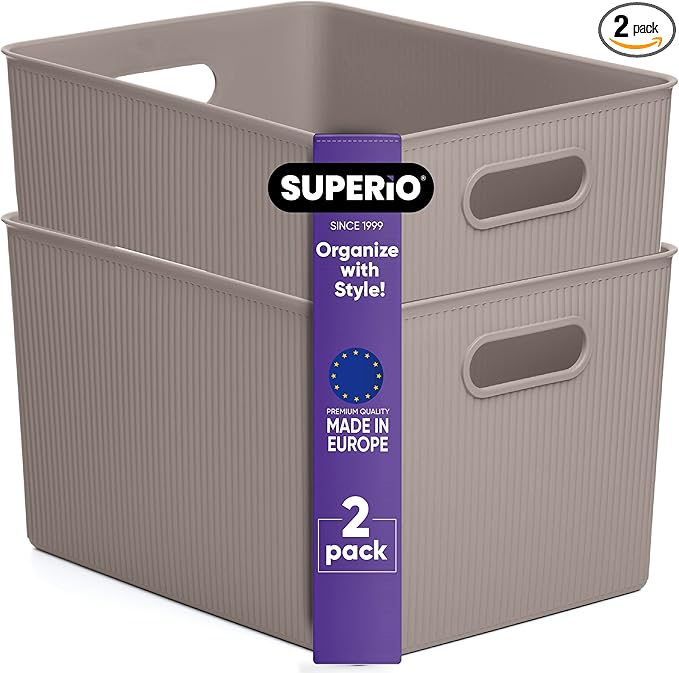 Superio Ribbed Collection - Decorative Plastic Basket Open Home Storage Bins Organizer, X-Large Taupe (2 Pack) Container Boxes for Organizing Closet Storage Bins for Shelves 22 Liter/23 Quart
