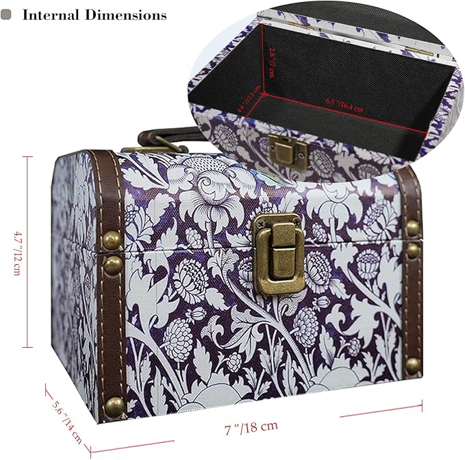 Vintage Decorative Storage Box with Handle, Retro Floral William Morris Keepsake Organizer Chest for Jewelry, Trinkets, Gift Packaging and Home Decor, 7 x 5.6 x 4.7 Inch