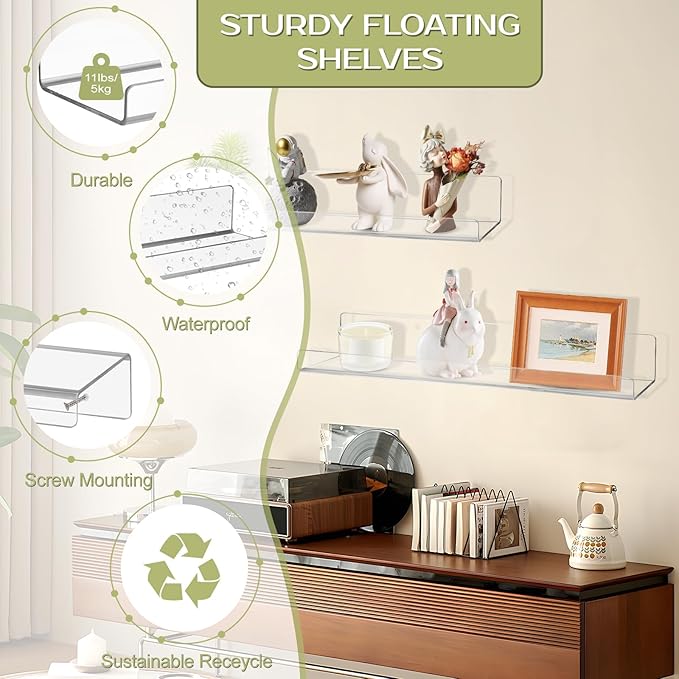 Boxalls Acrylic Clear Shelves - 4 Pack, 15 Inches Wall Storage Organizer Floating Shelf for Bathroom, Bedroom, Kitchen Variety Room, High Transparency Acrylic Waterproof Shelves