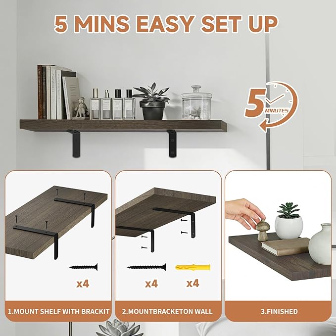 Easy Install Floating Shelves, 15.7 Inch Wall Mounted Wood Shelf,Hanging Shelf for Home Decor, Books and Storage, Small Organizer for Bedroom, Bathroom, Kitchen, Set of 3, Vintage Brown