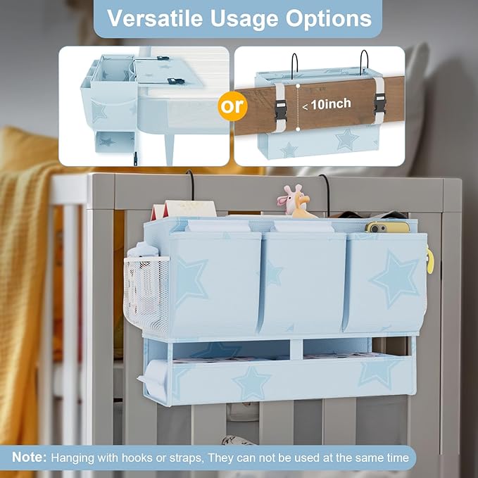 homyfort Bedside Caddy Organizer, Dual-Purpose Bedside Storage with Power Strip Holder, Versatile Bed Caddy with 11 Pockets for Bunk Bed, College Dorm, Home, Hospital, Fits Phones, Books, Blue