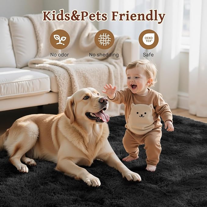 9x12 Ft Extra Large Black Shag Rug for Living Room,Ultra Soft Fluffy Furry Area Rug for Bedroom Kids Office, Aesthetic Carpet for Indoor Floor Home Decor
