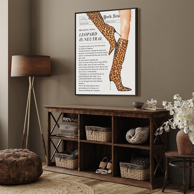 Trendy Newspaper Posters Vintage Leopard Boots Poster Feminist Canvas Prints Retro Fashion Bar Cart Magazine Cover Wall Art for Hot Girl Preppy Y2k Aesthetic Room Home Decor 16x24inch black framed