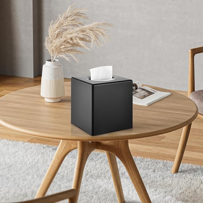 Y-in Hand Tissue Box Cover, Square Facial Tissue Holder Storage for Bathroom Vanity, Countertops, Dressers, Night Stand, Parlors and Offices - Black