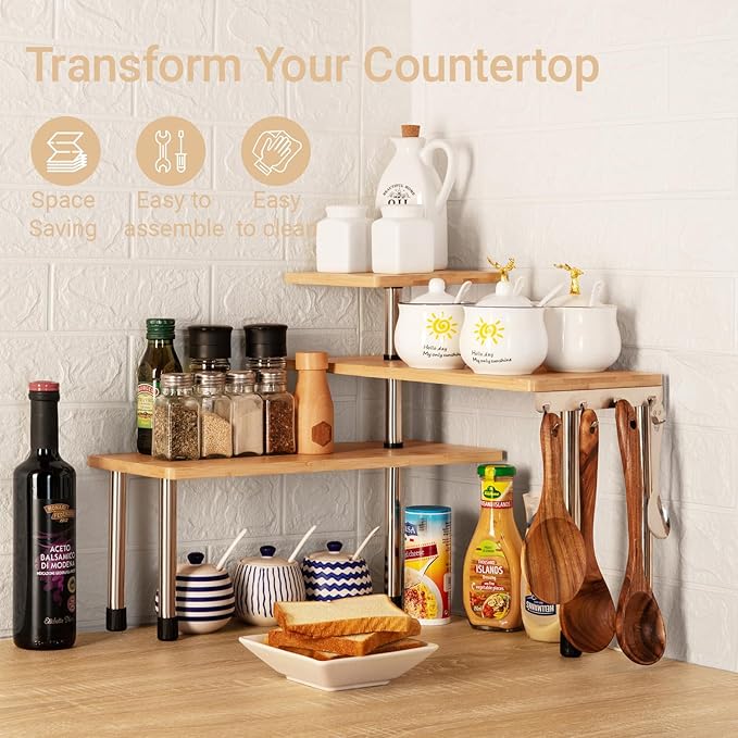 HYNAWIN Bamboo Countertop Shelf Storage Spice Rack, 3 Tier Desktop Shelves Space Saving Organizer, Adjustable Rack