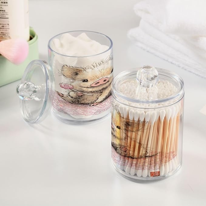 2 Pack Apothecary Jars,Adorable Pig with Sweet Treat Bathroom Vanity Storage Organizer Set,Small Clear Plastic Storage Jars Bathroom Canister for Cotton Swabs,Rounds,Balls,Qtips,Makeup Sponges