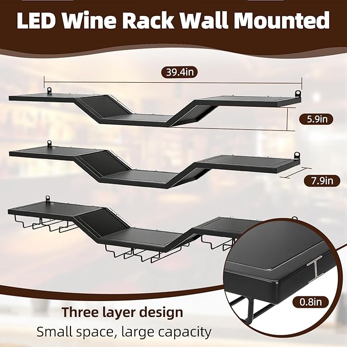 39.4" Large Modern Wall Mounted Wine Rack with LED Light, 3-Tier Floating Bar Shelves, Large Bar Shelf with Wine Glass Rack, for Home Bars and Restaurants, Black
