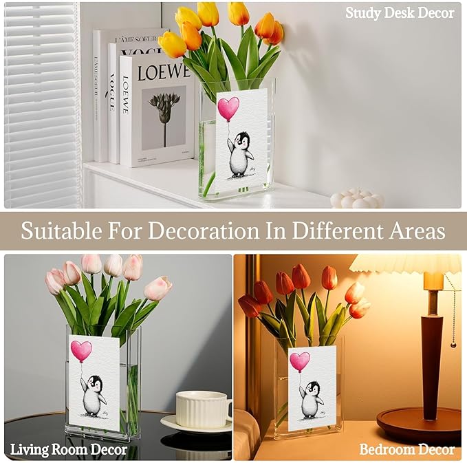 Book Shaped Vase for Flowers,Adorable Penguin with Pink Clear Bookend Vase Aesthetic Room Decor for Modern Home/Office, Minimalist Shelf Organizer with Floral Display for Book Lovers