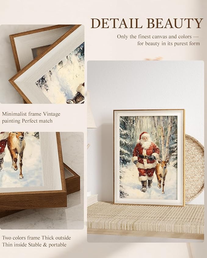 VIYYIEA Winter Framed Wall Art for Living Room, Santa Claus and Reindeer Canvas Prints, Oil Painting Home Decor, Christmas Picture, Bathroom Wall Decor Gifts for Friends or Family - 16L x 12W