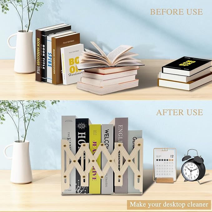 Adjustable Bookends Non Skid Decorative Bookends,Metal Bookend for Heavy Books,Bookshelf Organizer Holder for Books and Magazines for Desk(Beige)