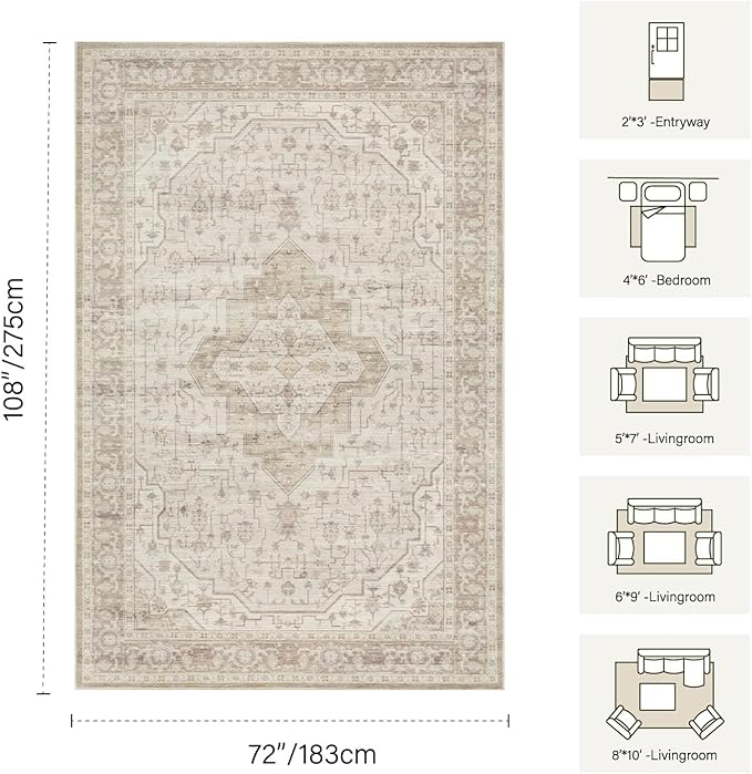 Rugxara 6x9 Washable Area Rug for Living Room, Vintage Neutral Large Boho Rugs for Office, Dining Room, Kids Room, Farmhouse, Durable Low Pile Non Slip Carpet for High Traffic Areas, Cream