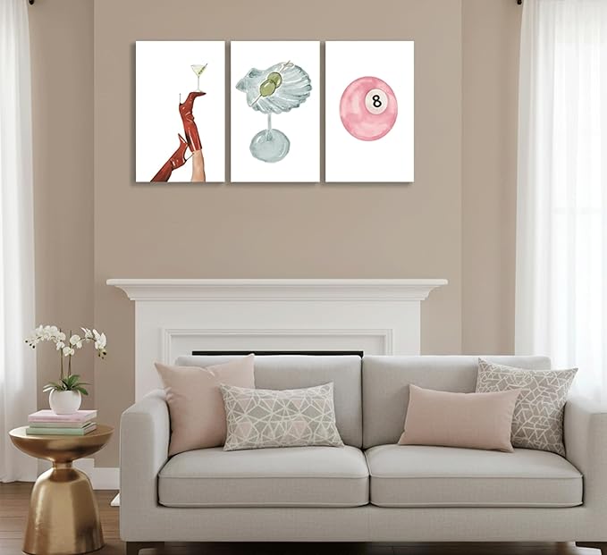 3Pcs Funky Martini Canvas Prints Wall Art, Trendy Preppy Pink Number 8-Ball Pictures Posters,Y2k Girl's Room Wall Decor for girl rooms, dorm rooms, and apartments. 24x16in Framed