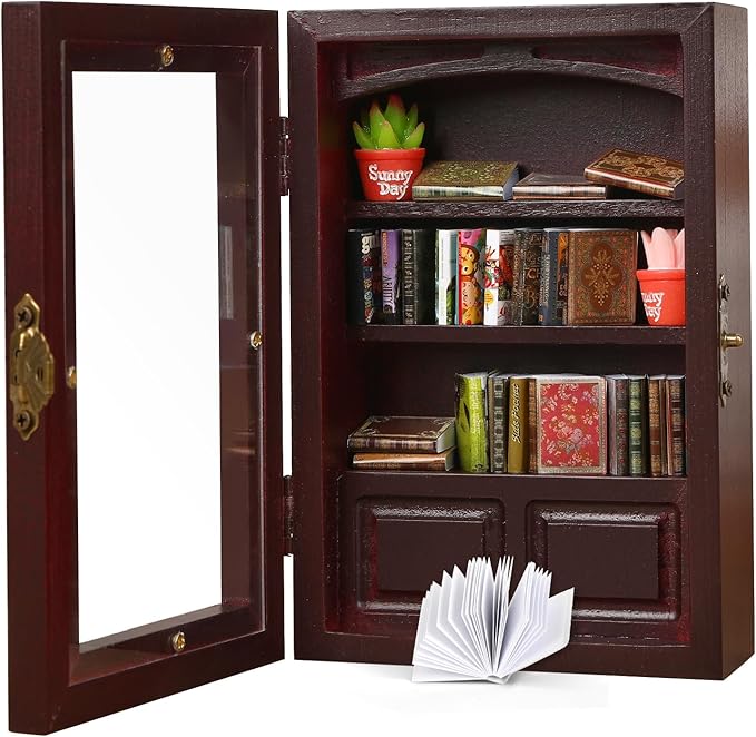 Anxiety Bookshelf with 24 Real Mini Books, Cute Mini Bookshelf for Home Room Office Decor, Miniature Library Gifts for Book Lovers, Unique Xmas Gifts