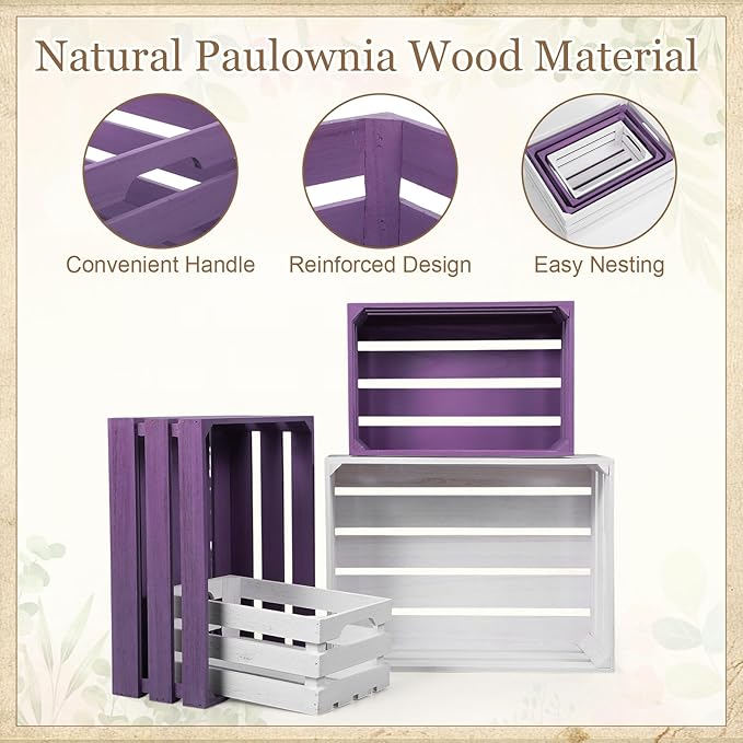 Novabright 4 Pcs Decorative Wooden Crates for Display, Purple & White Nesting Wood Crates with Handles, Rustic Farmhouse Storage Boxes for Wedding Birthday Home Decor Shelf Organization