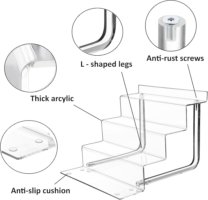 AMT Acrylic Riser Display Stand, 100% Acrylic Clear 4-Tier Organizer for Figures, Cupcake, Perfume, Sunglasses (9 inch x 2.4 inch) 1-pack