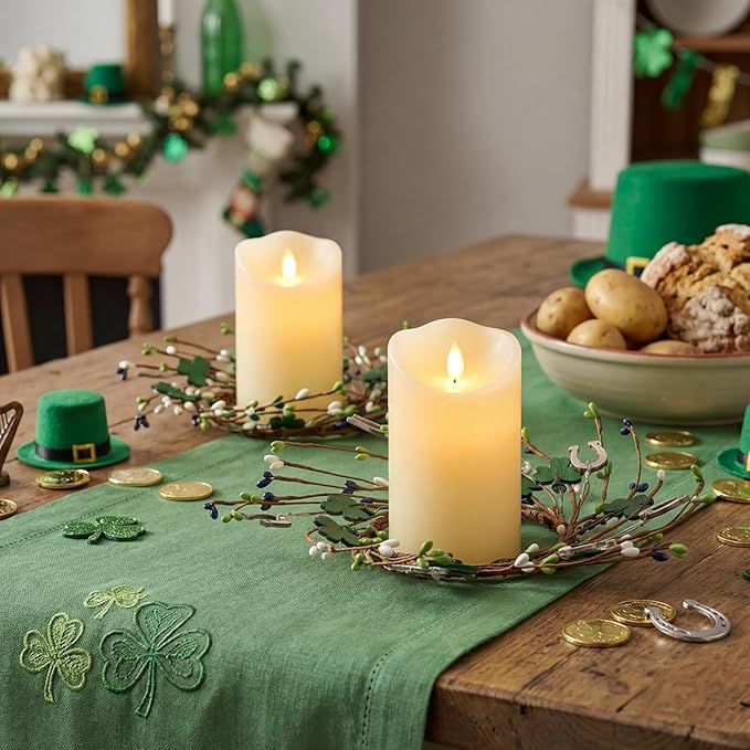 Daifunli 2 Pcs St. Patrick's Day Candle Ring Shamrocks Rings Wreaths Vintage Clover Berries Wreaths for Pillar 3.9 Inch Candles Holder for St. Patrick's Day Irish Rustic Table Centerpiece Decor