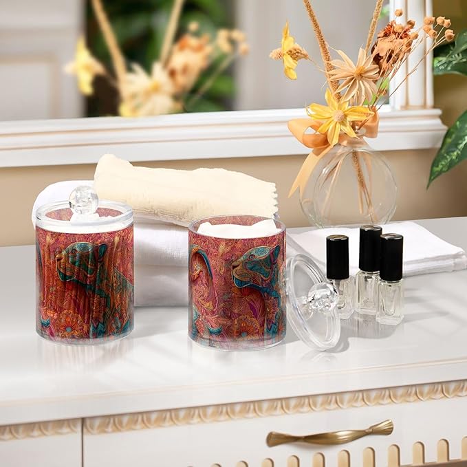 2 Pack Apothecary Jars Pastel Colored Painted Leopard Bathroom Vanity Storage Organizer Set,Small Clear Plastic Storage Jars Bathroom Canister for Cotton Swabs, Rounds, Balls, Qtips,Makeup Spon