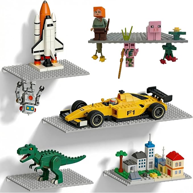 TERDEWE 12 Pack Floating Shelves for Wall Display&Storage Compatible with Lego Building Bricks, Dual-Sided Wall Shelf with 16x13 Studs for Lego Shelf Display,Room Decor,Grey