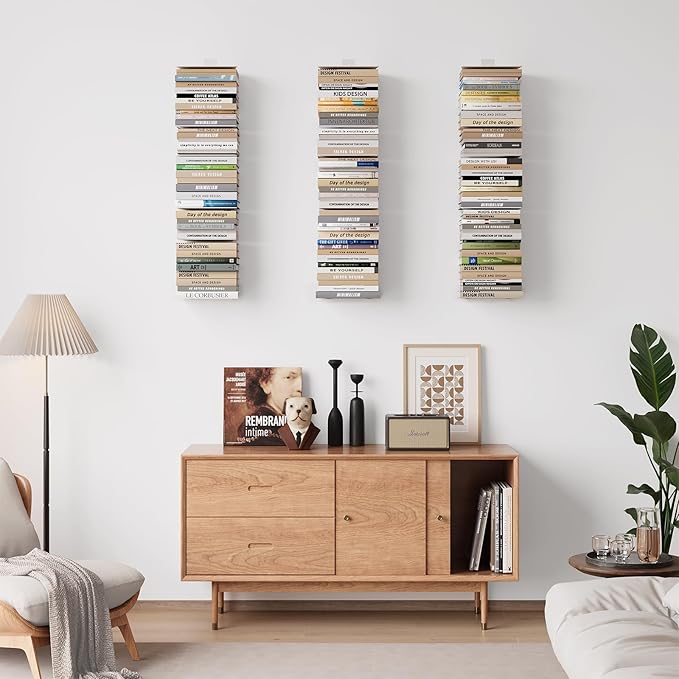 Wawocs Invisible Bookshelf for Wall, 8 Tier Floating Bookshelf Made of Heavy Duty Metal, Vertical Spine Book Tower Hanging Wall Bookshelf, Floating Book Shelves for Wall, 4 Pack White