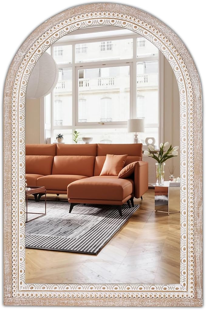 36x24 Inch Rustic Farmhouse Arched Wall Mirror, Boho Distressed Wooden Frame Decorative Arch Mirror for Bathroom Over Sink, Living Room, Entryway, Foyer
