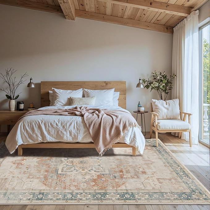 Rugxara 5X7 Washable Area Rug for Living Room, Neutral Vintage Boho Rugs for Office, Dining Room, Kids Room, Farmhouse, Low Pile Non Slip Carpet for High Traffic Areas, Coral