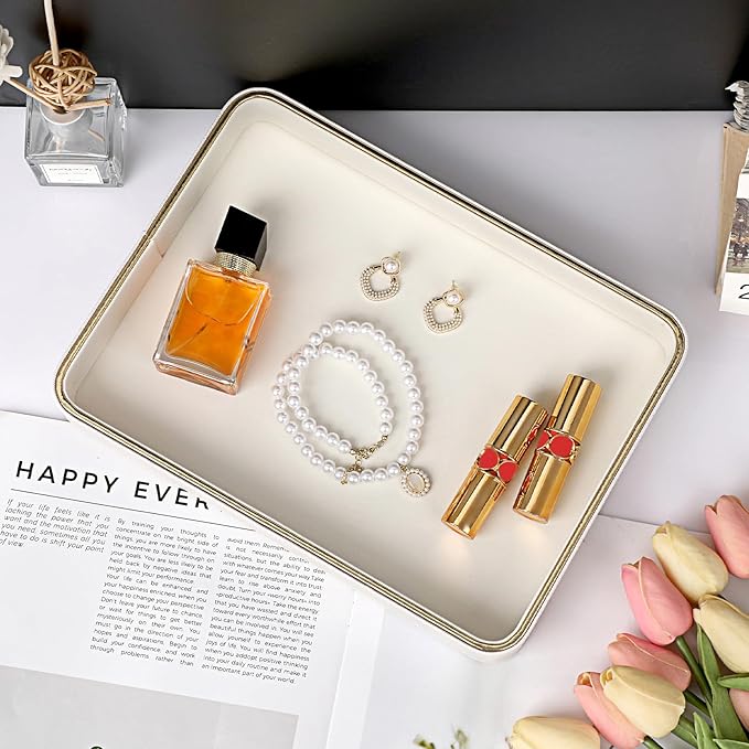 Hipiwe PU Leather Jewelry Tray Bedside Organizer Holder Perfume Vanity Tray for Jewelry Earrings Trinket Dish Skincare Organizing Tray, 11.3" x 8.3" x 1.5"