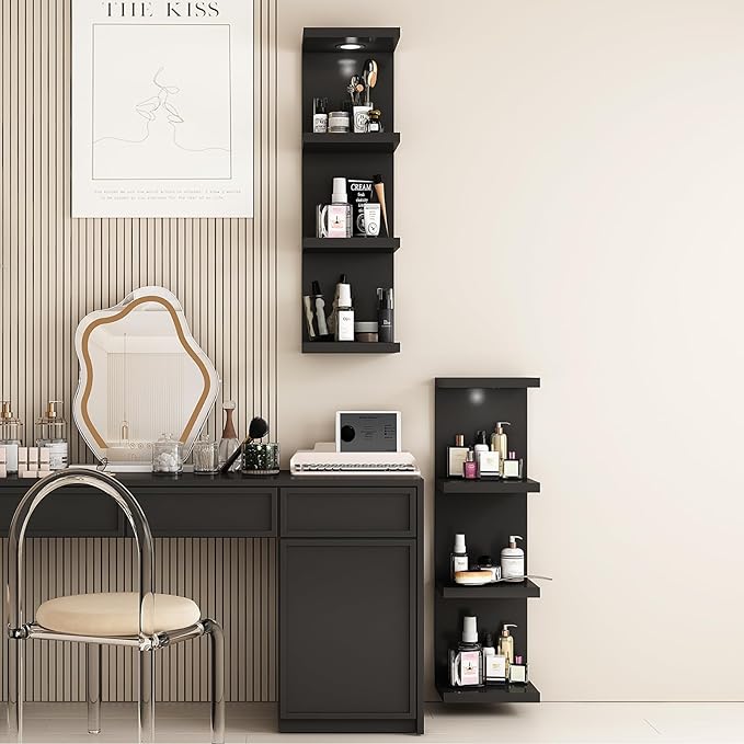 LitaEther Versatile 4 Tier Wall Shelf Unit,Black Lack Wall Shelf,Display Floating Shelf with LED Remote Control Light