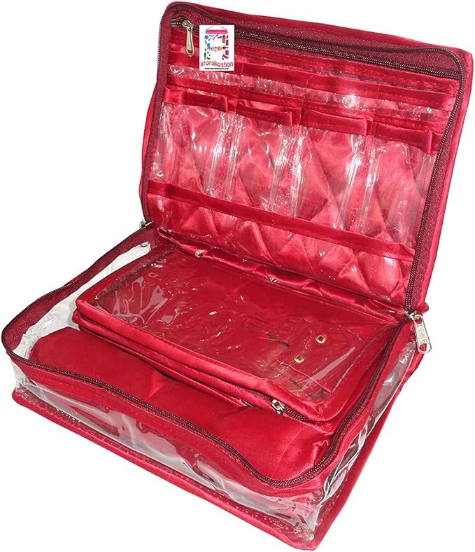atorakushon Jewelry Travel Organizer Case Transparent Storage Zipper Locker Box Pouch for Necklaces Earrings Rings Bracelets Maroon