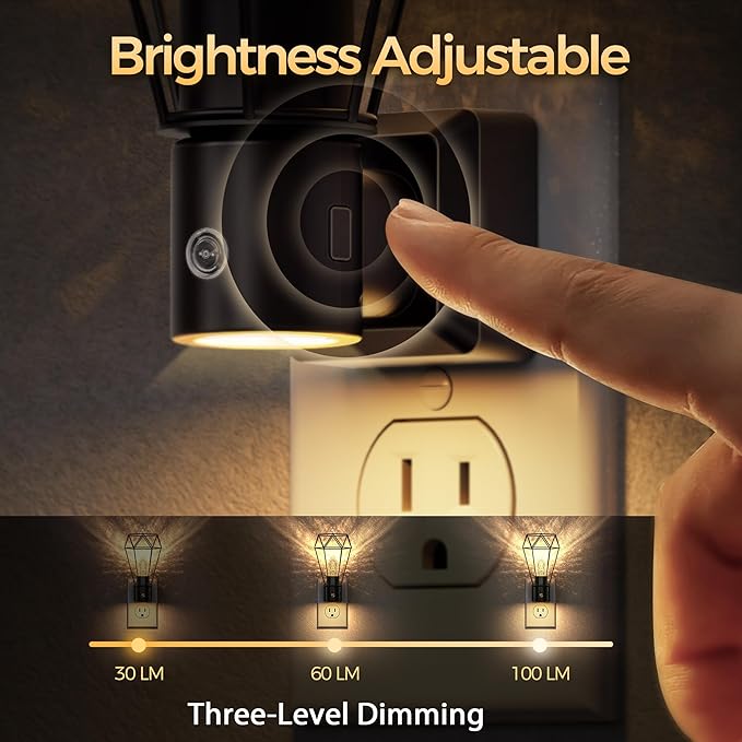 DORESshop Led Night Light, Night Lights Plug into Wall, Dusk to Dawn Sensor, 0-100LM Adjustable Brightness, 3000K Soft White, Farmhouse Vintage Nightlight for Bedroom, Bathroom, Hallway, 2 Packs