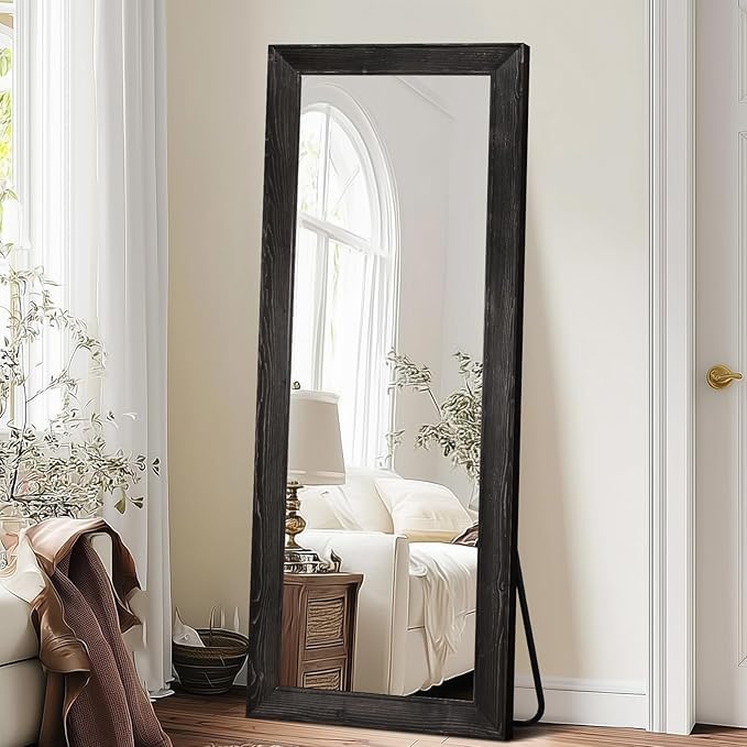 Full Length Mirror 65"x24" - Beveled Edge Rustic Black Dressing Mirror, Solid Wood Frame, Wall Mounted or Standing for Bedroom, Entryway, Living Room