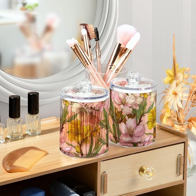 2 Pack Apothecary Jars Elegant Pink Yellow Floral Bathroom Vanity Storage Organizer Set,Small Clear Plastic Storage Jars Bathroom Canister for Cotton Swabs, Rounds, Balls, Qtips,Makeup Sponges,