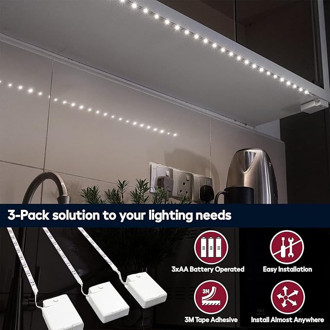 BestLuz Battery Powered LED Strip Lights, 3 Pack 40 Inch Cordless White LED Light Strips for Shelves and Under Cabinet Indoor Use, Battery Operated LED Strip Lights, Cool White 6500K