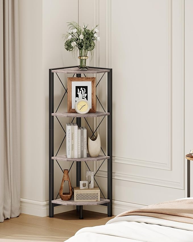 CHOEZON 4-Tier Corner Shelf, Corner Bookcase, 43.3" Tall Vertical Display Rack, Plant Stand, Open Storage Shelf, for Living Room, Bedroom, Study, Kitchen, Greige and Black TCJ14BG