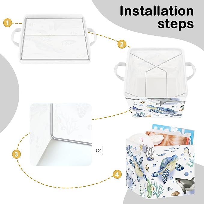 11.8" Marine Animals Cube Storage Organizer Set 3Pcs Ocean Sharks Turtles Cube Storage Bin for Bathroom/Bedroom Kid Book Toy Chest, Seaweed