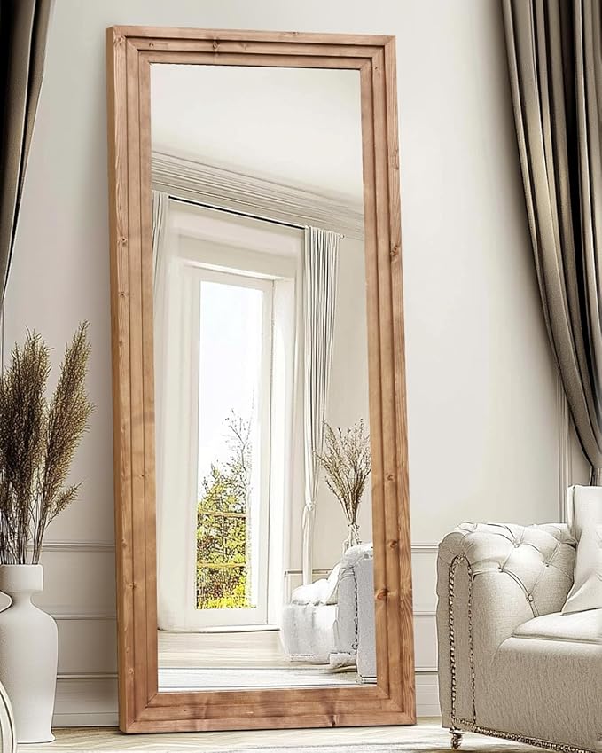 Full Length Mirror 71"x30" Solid Wood Frame Floor Large Mirror for Living Room, Bedroom Hanging or Leaning Wall-Mounted, Light Brown